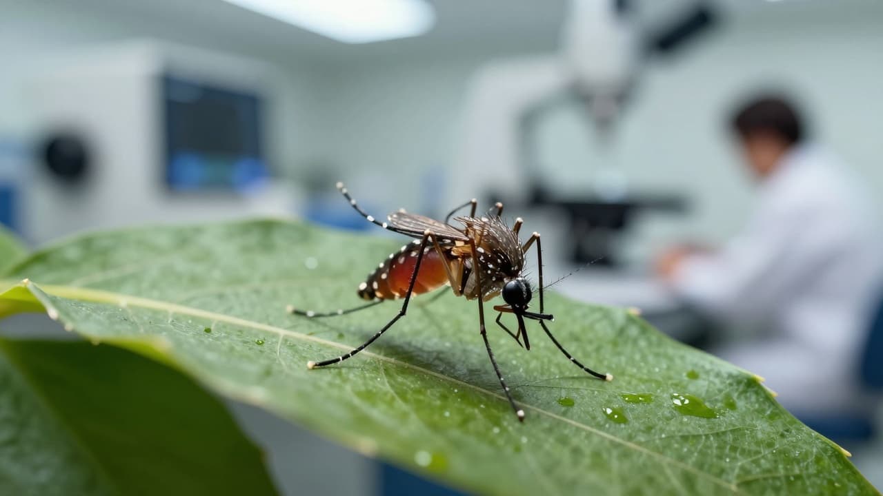 Komarac na lišću, laboratorij u pozadini