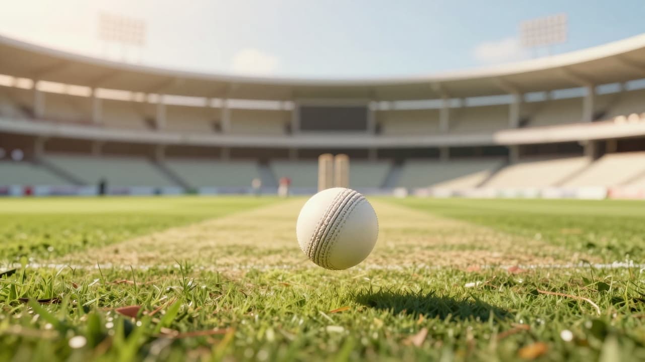 Cricket ball in the air above the grassy field