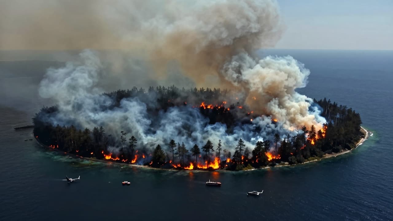 Firefighters and aircraft in battle with the fire