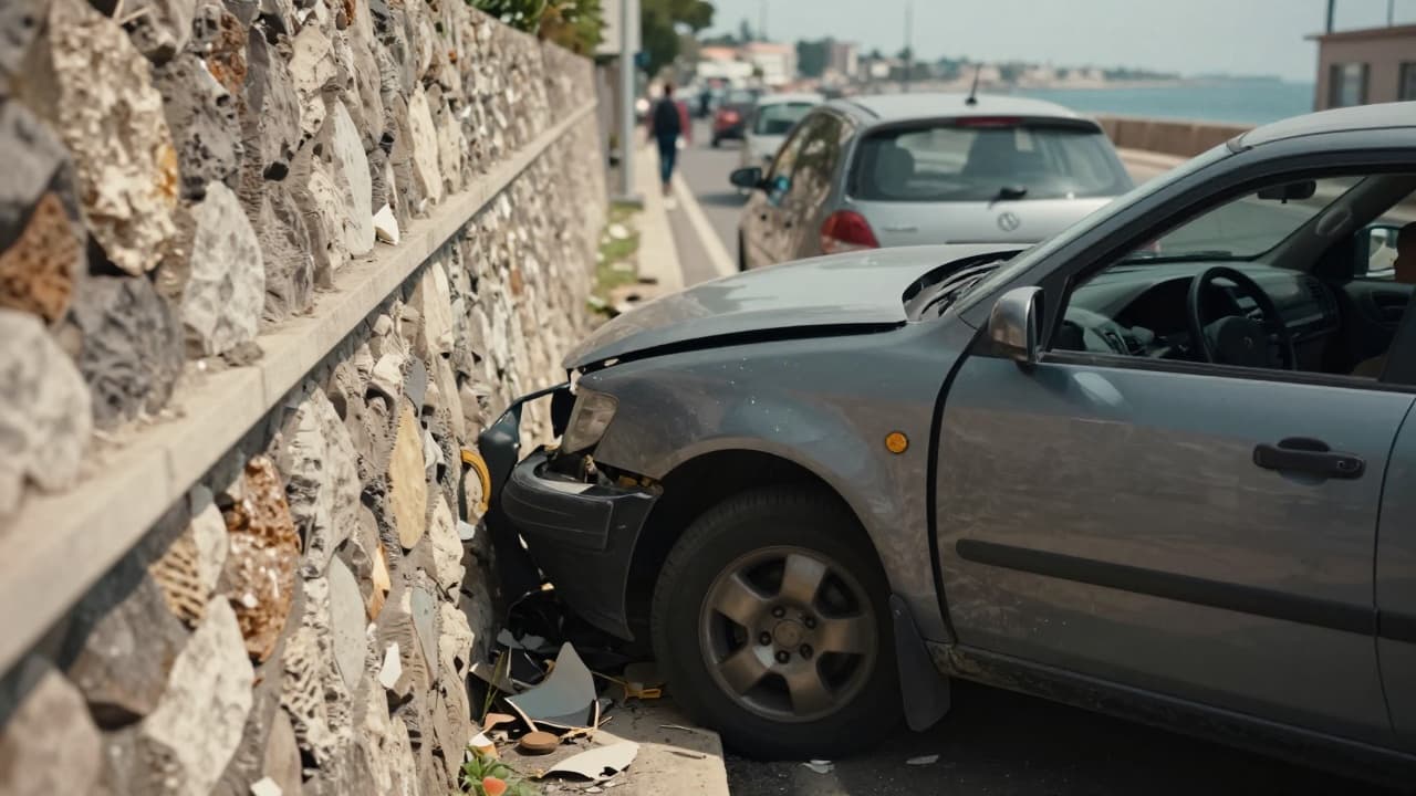 Oštećeni automobil naslonjen na zid