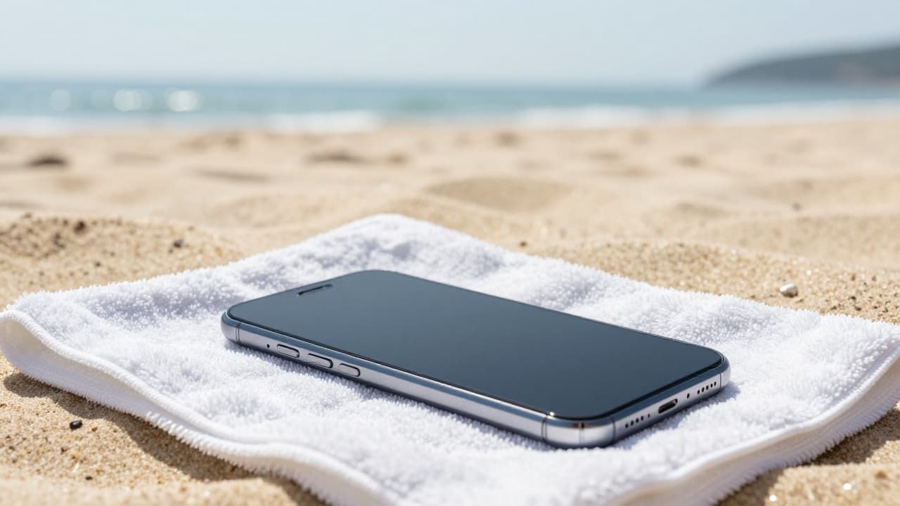 Žena na plaži s pametnim telefonom