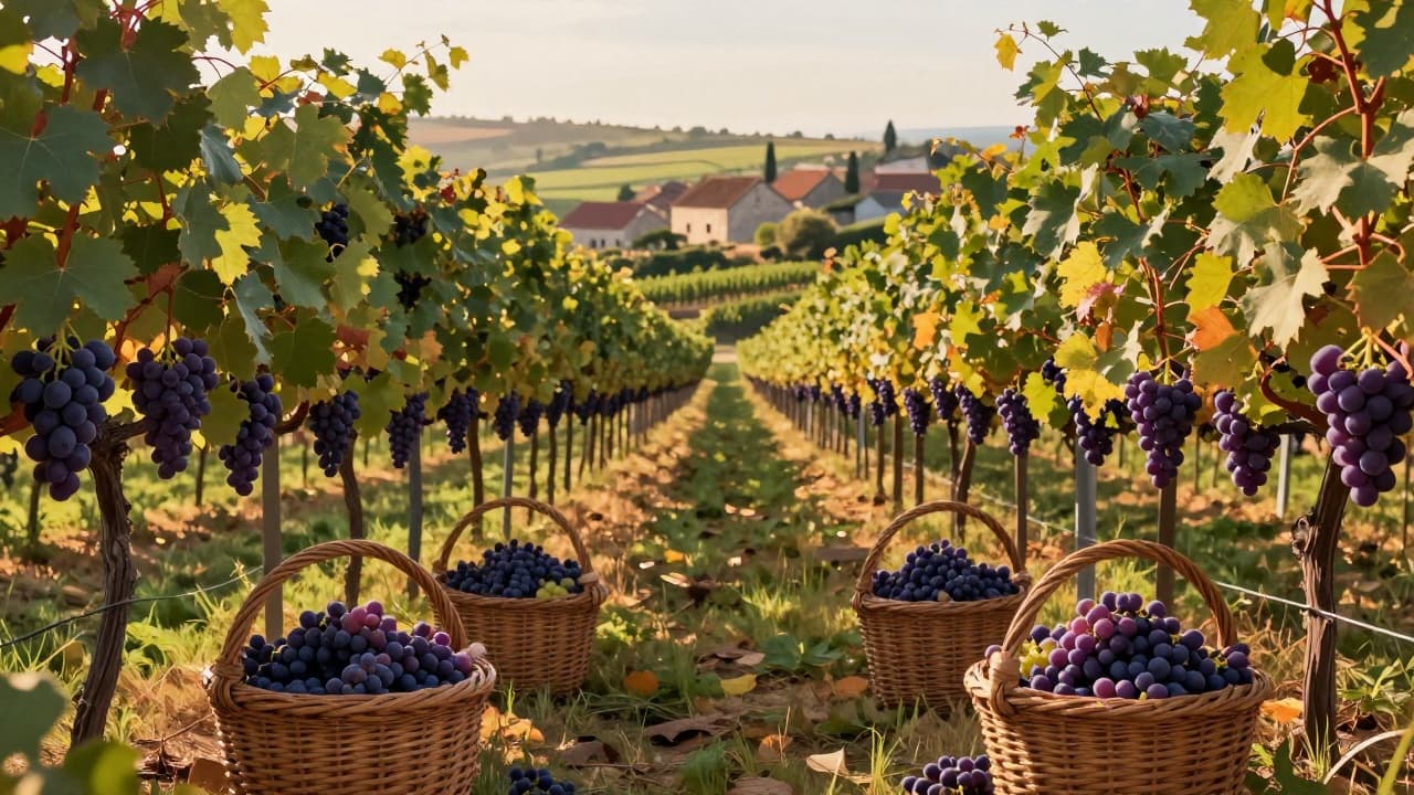Grožđe u korpi na sunčanom vinogradu