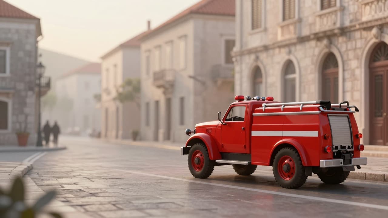 Crveni vatrogasni automobil na mirnom uličnom prizoru