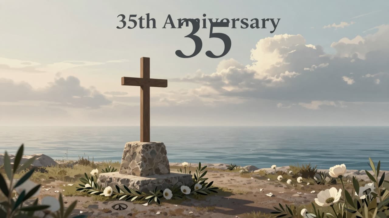 Monument on the shore, white poppies and olive branches