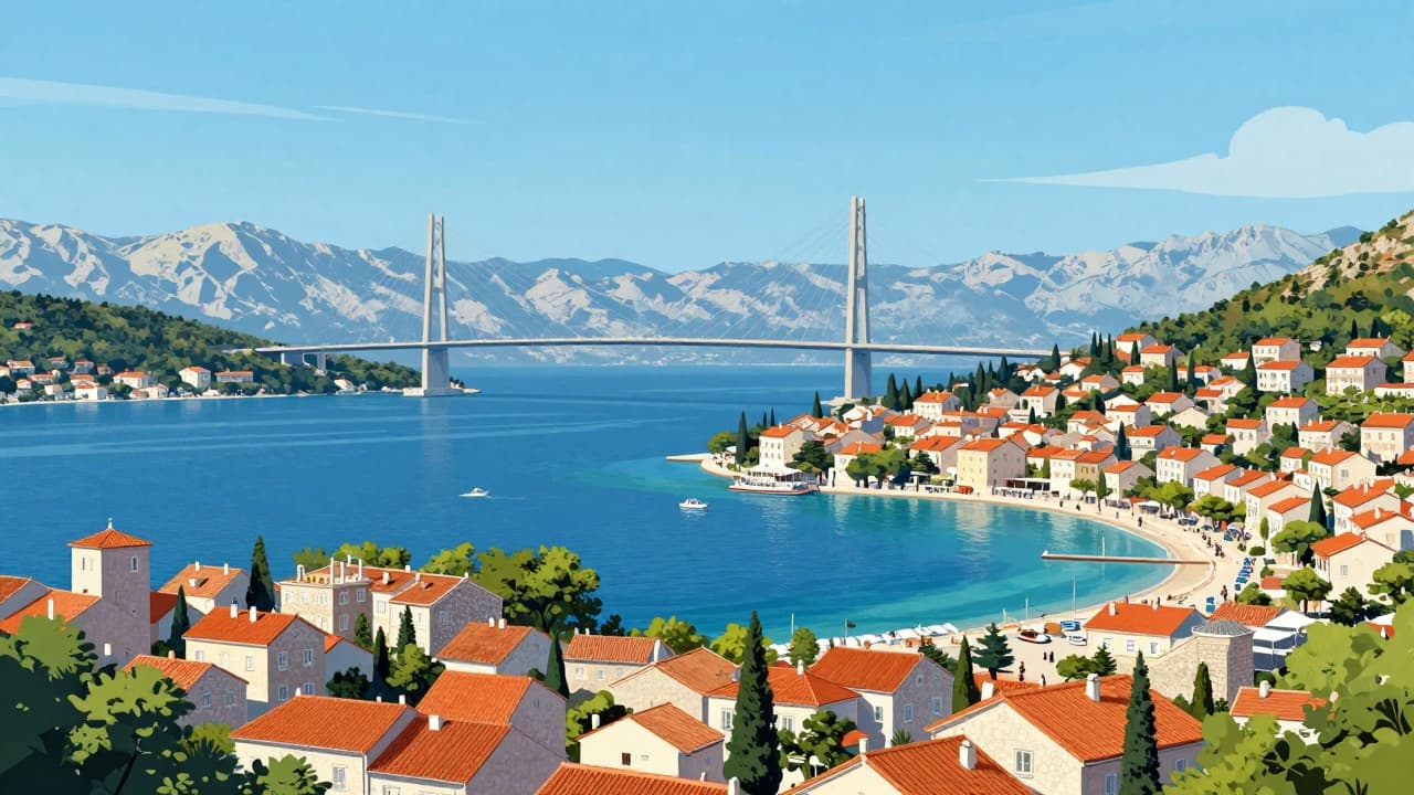 Panorama Pelješca s mostom i obalnim mjestima