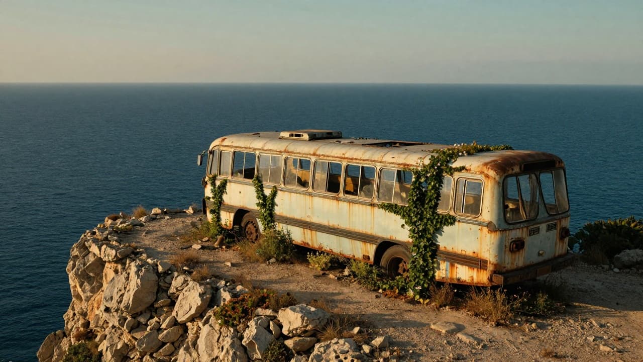 Zarđali autobus na obali mora