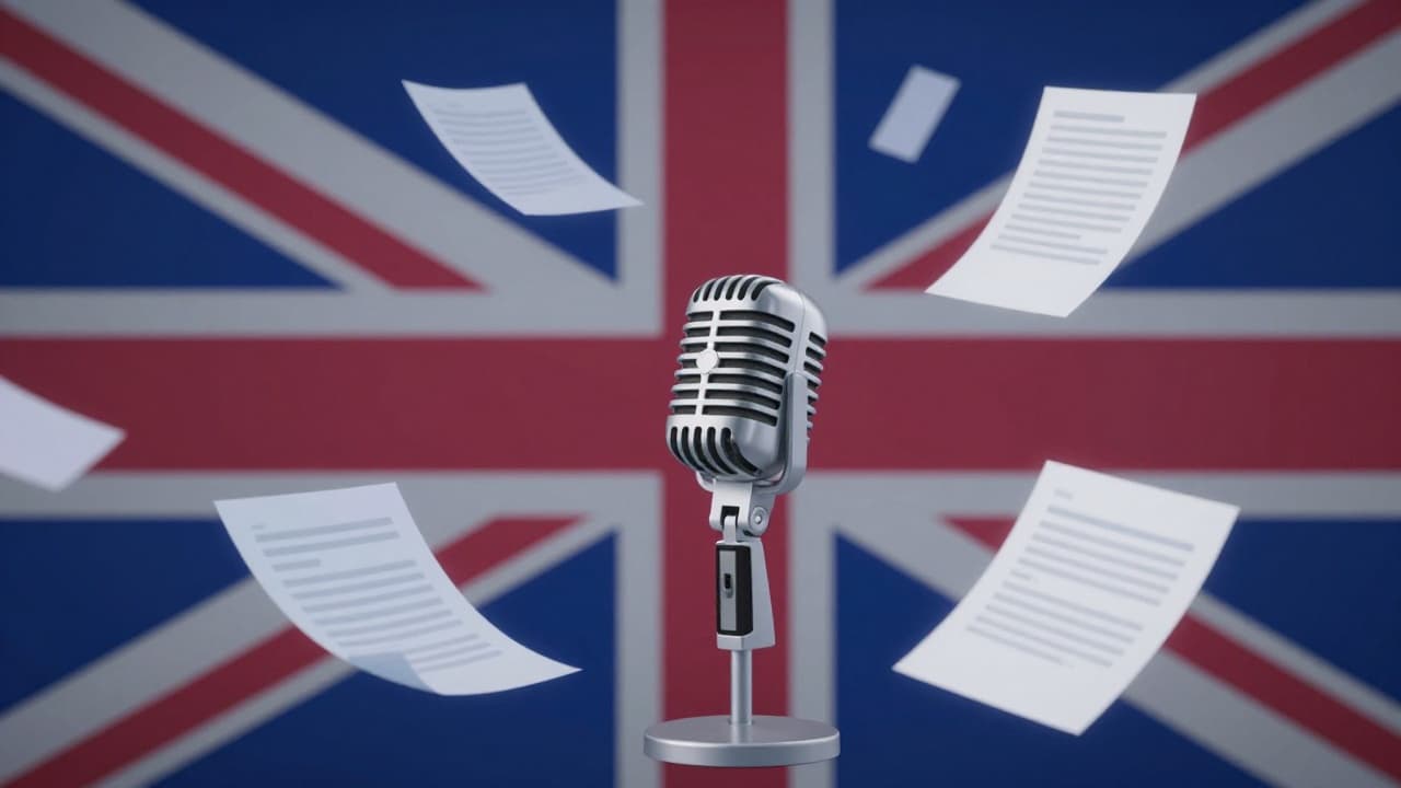 Stilizirani britanski zastavni motiv s mikrofonom