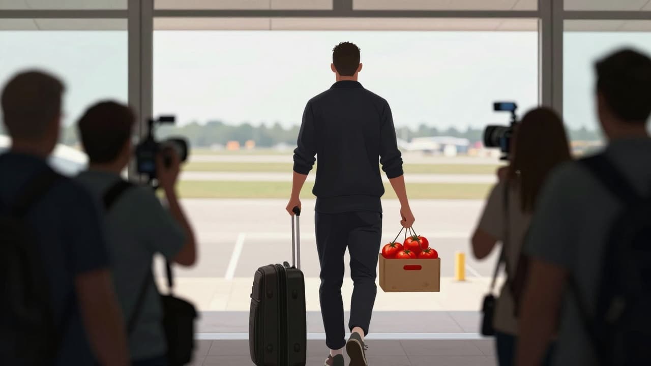 Vlahović with boxes of tomatoes at the airport