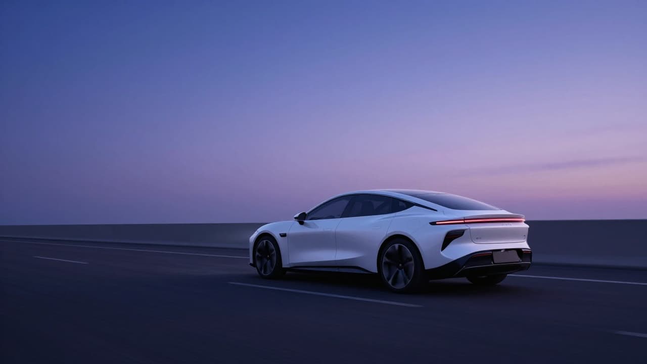 Bijeli automobil na cesti u sumrak