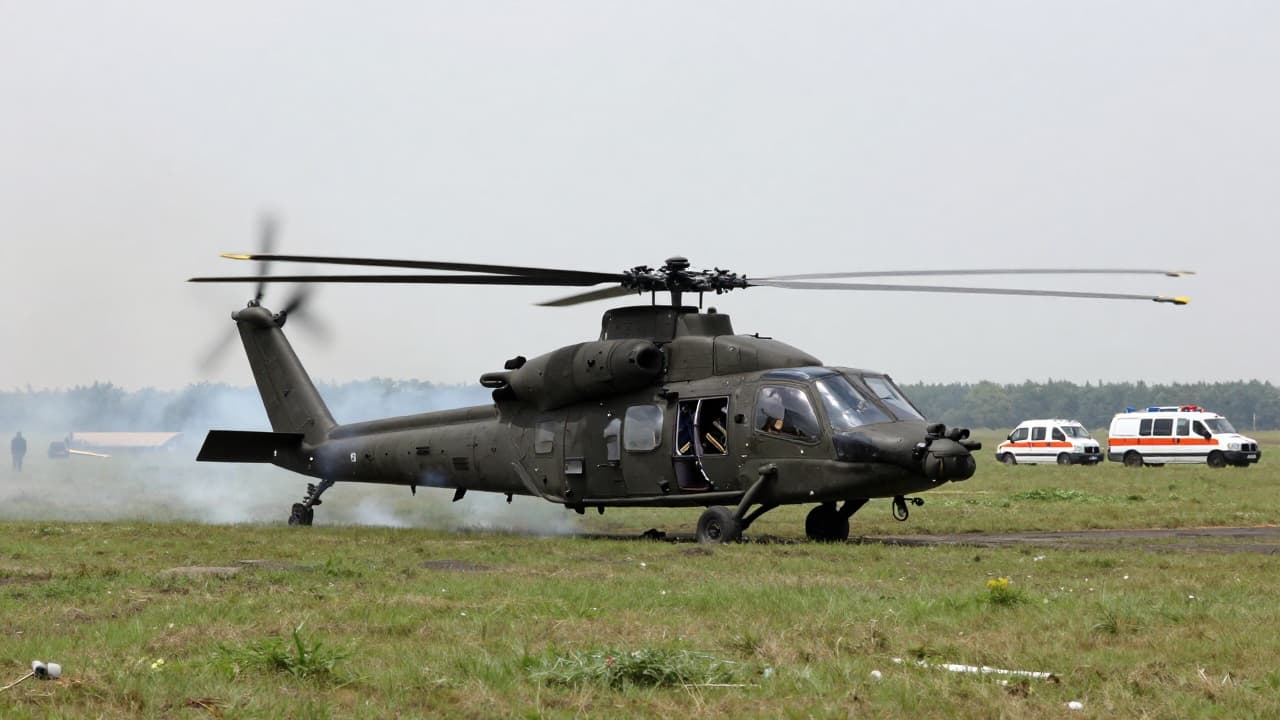 Vojni helikopter u letu iznad travnate površine