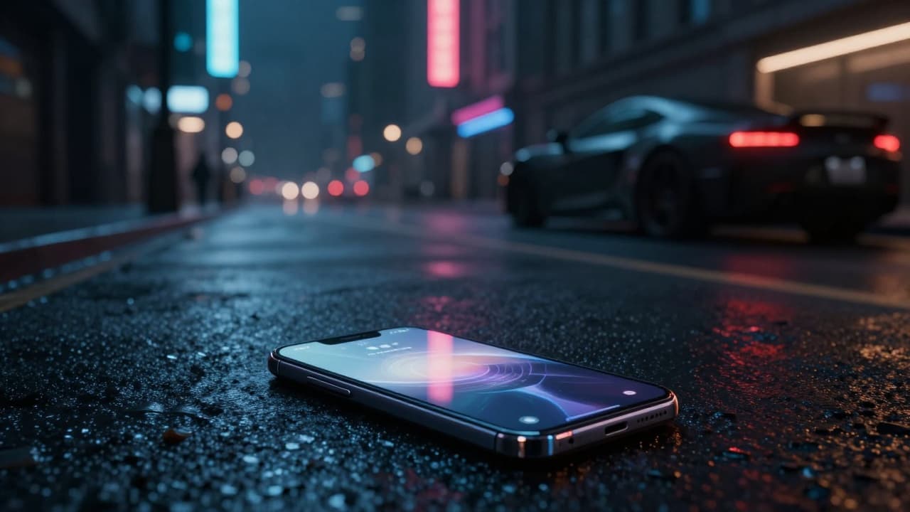 Pametni telefon na mokrom asfaltu